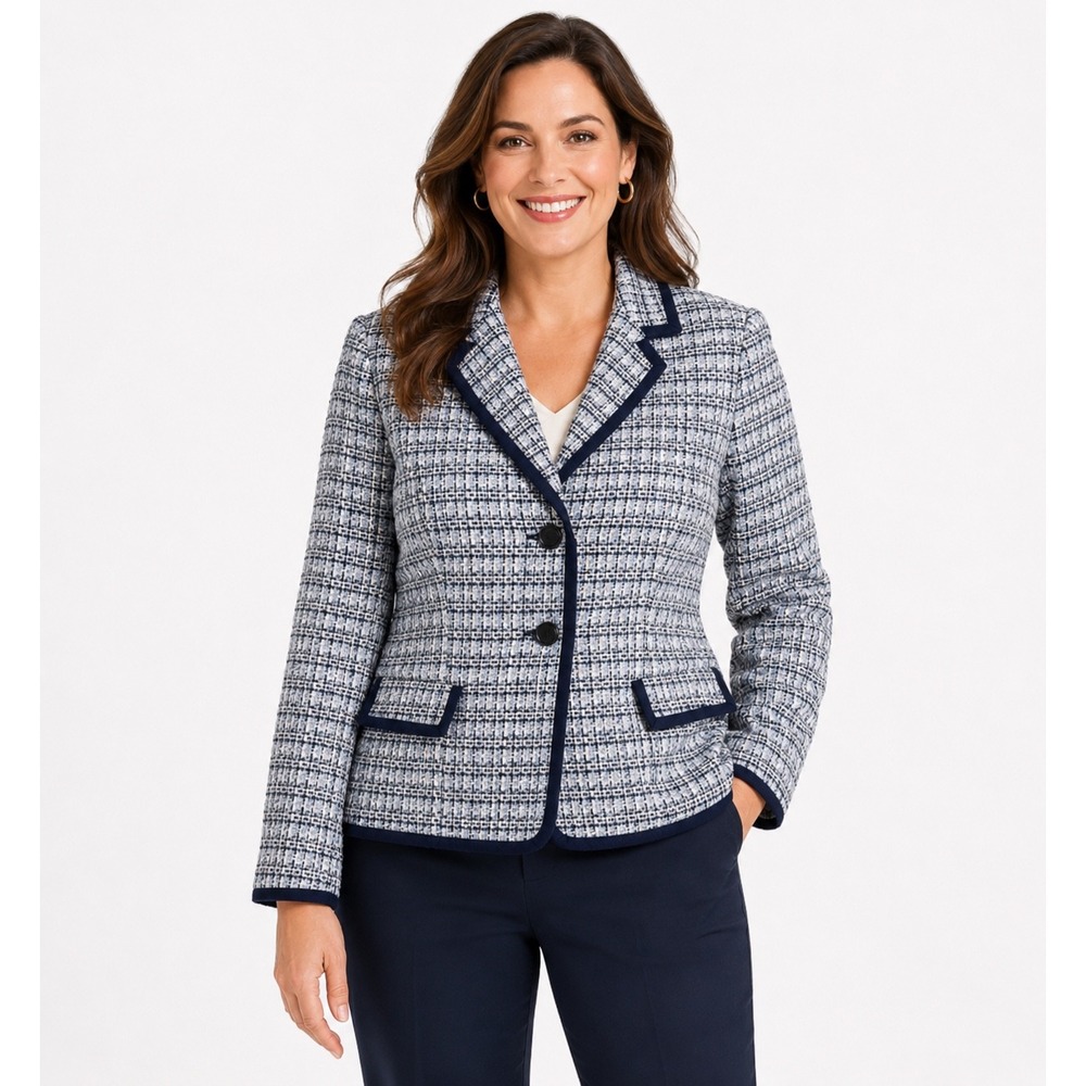 Talbots Petites Blue Tweed‎ Blazer Navy Grosgrain Trim 16P New With Tags